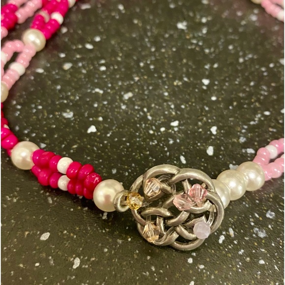 Pink & Faux Pearl Choker w Celtic Centre Featuring Swarovski Crystals & Hair Tie - Picture 4 of 5